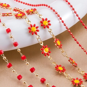 Red Enamel Copper Chain Daisy Sunflower DIY Jewelry Making Accessory For Bracelet Necklace Square Bead Ball Chain Parts