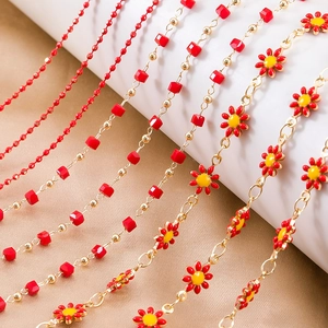 Red enamel flower charms and gold bead chains set for DIY jewelry necklaces