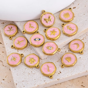 14er-Set runde 18k vergoldete Edelstahl-Herzanhänger mit rosa Emaille für DIY-Schmuck