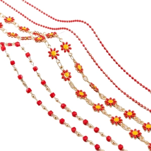 Red enamel daisy and beaded copper chains for DIY handmade jewelry bracelets