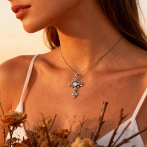 Pendentif croix gothique en argent vintage avec cristal brillant sur un modèle féminin