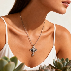 Pendentif croix gothique en alliage avec zircon porté par un mannequin sur une fine chaîne