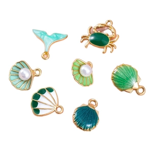7-delige set groene maritieme hangers van legering met schelpen voor DIY-sieraden