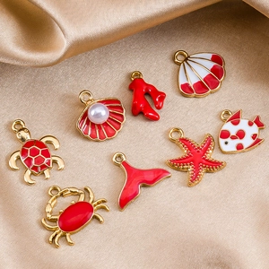 Colgantes de Esmalte de Aleación de Tema Oceánico para Hacer Joyas Oro Rojo Tortuga Marina Estrella de Mar Cangrejo Concha Accesorios de DIY