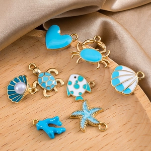 Blue enamel ocean theme DIY jewelry charms set with gold plated sea animal pendants