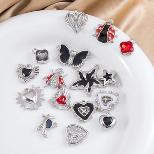 DIY black enamel alloy butterfly heart pendants set with rhinestones on silk