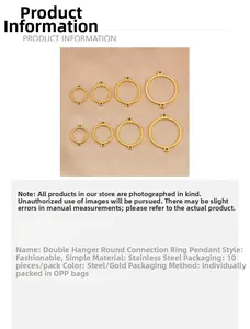 Detailed size chart for stainless steel double-loop round jewelry connectors in gold and steel