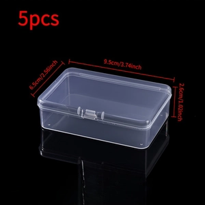 5-piece set of transparent PP plastic storage boxes showing detailed dimensions and buckle
