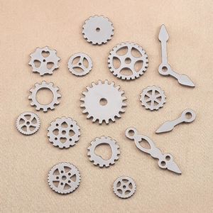 Flat lay of industrial punk style 304 stainless steel gear and clock hand DIY accessories
