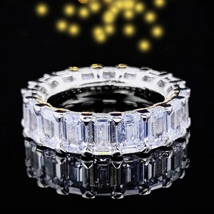 Macro shot of silver eternity ring with emerald-cut cubic zirconia in a full channel setting