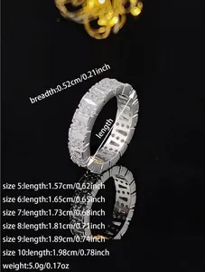 Detailed size chart for the AAA cubic zirconia silver ring featuring widths and weights