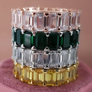 Stackable emerald cut cubic zirconia rings in gold, silver and rose gold finishes