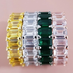Minimalist geometric emerald-cut zircon rings in yellow, white, green and pink styles