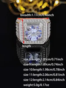 Detailed size chart for men's silver ring with octagon micro-paved crystal measurements