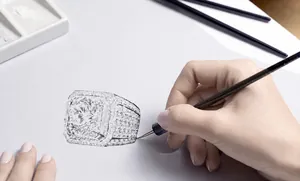 Detailed jewelry sketch showing the square-cut main diamond and halo ring structure