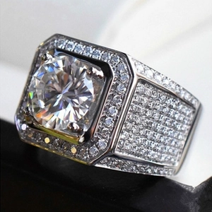 Macro shot of luxury square halo men's ring with micro-paved diamonds on silver band