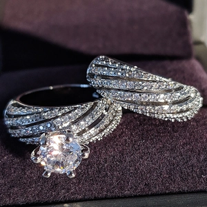 Luxury double-layer zircon bridal ring set with six-prong center stone and pavé band
