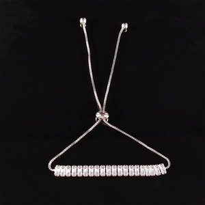 Adjustable silver box chain bracelet featuring fifteen rectangular cubic zirconia stones