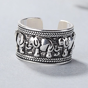 Vintage Copper Elephant Relief Open Ring For Women Ethnic Bohemian Distressed Adjustable Band Thai Silver Style Ring Jewelry