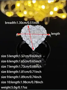 Size chart showing dimensions and inner diameter for heart shaped zirconia ring