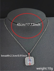 Detailed specs showing dimensions and weight for this halo square pendant necklace