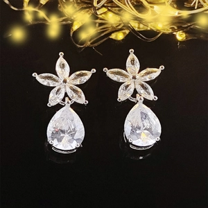 Sparkling silver water drop flower earrings with AAA cubic zirconia in teardrop shape