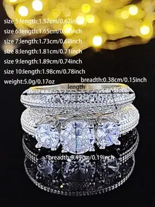 Guía de tallas detallada para el juego de tres anillos de boda en metal plateado fino
