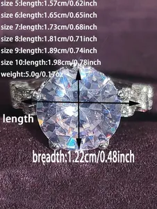 Detailed size chart with dimensions for vintage luxury engagement ring in sizes 5 to 10