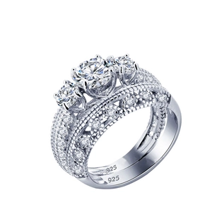 Exquisito conjunto de anillos de boda de plata 925 con tres piedras y diamantes pavé finos