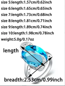 Tabella delle taglie dettagliata per l'anello d'argento con gemma blu ovale e accenti