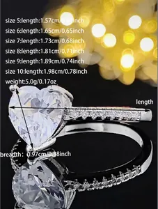 Ring size guide for heart zircon ring showing diameter from size 5 to 10 in cm and inches