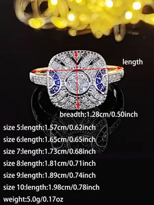 Detailed sizing chart for vintage zirconia ring showing widths and diameter measurements