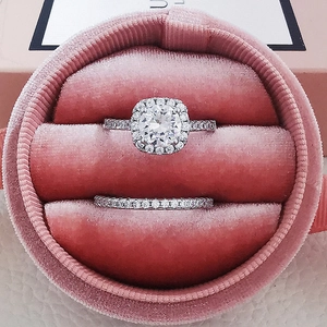Luxury bridal halo ring set with cubic zirconia in a pink velvet jewelry box