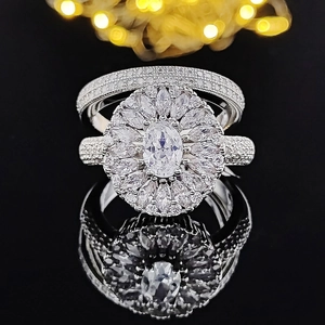 Luxury 925 Sterling Silver Oval Zirconia Ring Set For Women Wedding Engagement Halo Cluster Flower Design Finger Ring Jewelry