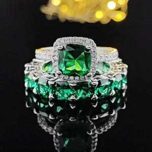Luxury square emerald cut green gemstone halo ring set with silver and gold finish