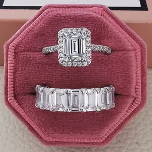Exquisito Juego de Anillos de Diamantes de Imitación de Corte Esmeralda para Mujer Cobre Apilable Halo Compromiso Banda de la Eternidad Boda Joyas de Fiesta