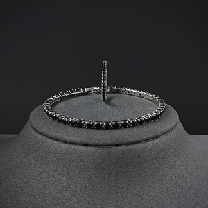 Fashion Copper Jewelry Set For Women Black Rhinestone Tennis Bracelet And Round Ring Elegant Silver Plated Jewelry Gift