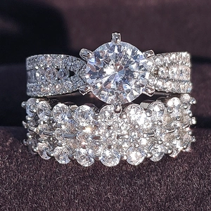 Conjunto Anillos Doble Capa Cobre Circonita Lujo Seis Garras Solitario Redondo Boda Compromiso Mujer Joyería Plata Regalo