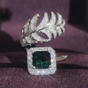 Anello in Rame Regolabile Aperto Foglia Piuma Vintage Zirconia Cubica Quadrata Pietra Verde Taglio Smeraldo Gioielli Donna