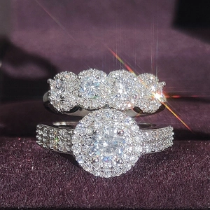 Lujoso Juego de Anillos de Cobre Plateado Para Mujer Halo Redondo Zirconia Compromiso Boda Anillo Joyería Regalo