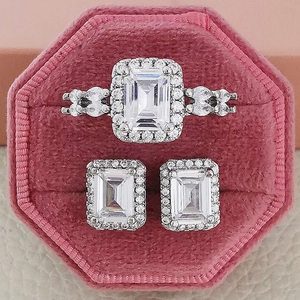 Sparkling silver jewelry set with rectangular stone ring and studs in pink box