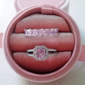 Elegante Juego de Anillos de Cobre con Zirconita para Mujer Rosa Blanco Anillo de Dedo Geométrico Halo Eternidad Joyería Regalo San Valentín