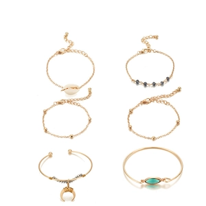6-piece bohemian gold-plated bracelet set with shell, moon charm and green gemstones