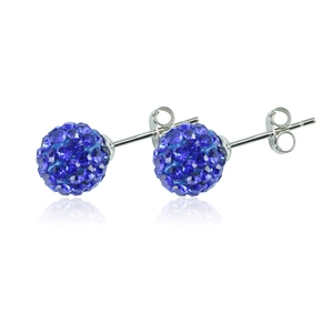 Detailed close-up of spherical blue crystal stud earrings with silver metal backing