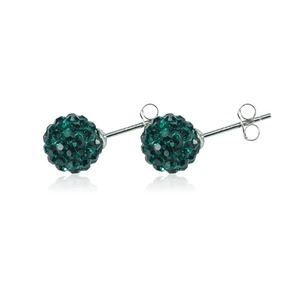 Detailed close-up of dark green crystal pavé ball stud earrings with silver metal pins