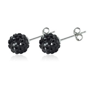 Elegant black shamballa crystal stud earrings with silver metal posts and reflective base
