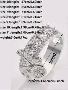 Detailed size chart for the cubic zirconia ring showing dimensions from size 5 to 11