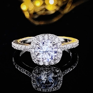 Elegant halo engagement ring with round zircon on black reflective background