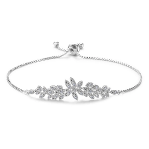 Elegant adjustable leaf floral bracelet with sparkling pavé zircons on a silver chain