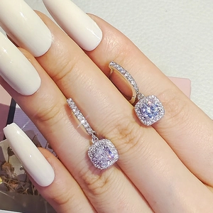 Exquisite square halo drop earrings with micro-inlaid zircon and silver plating